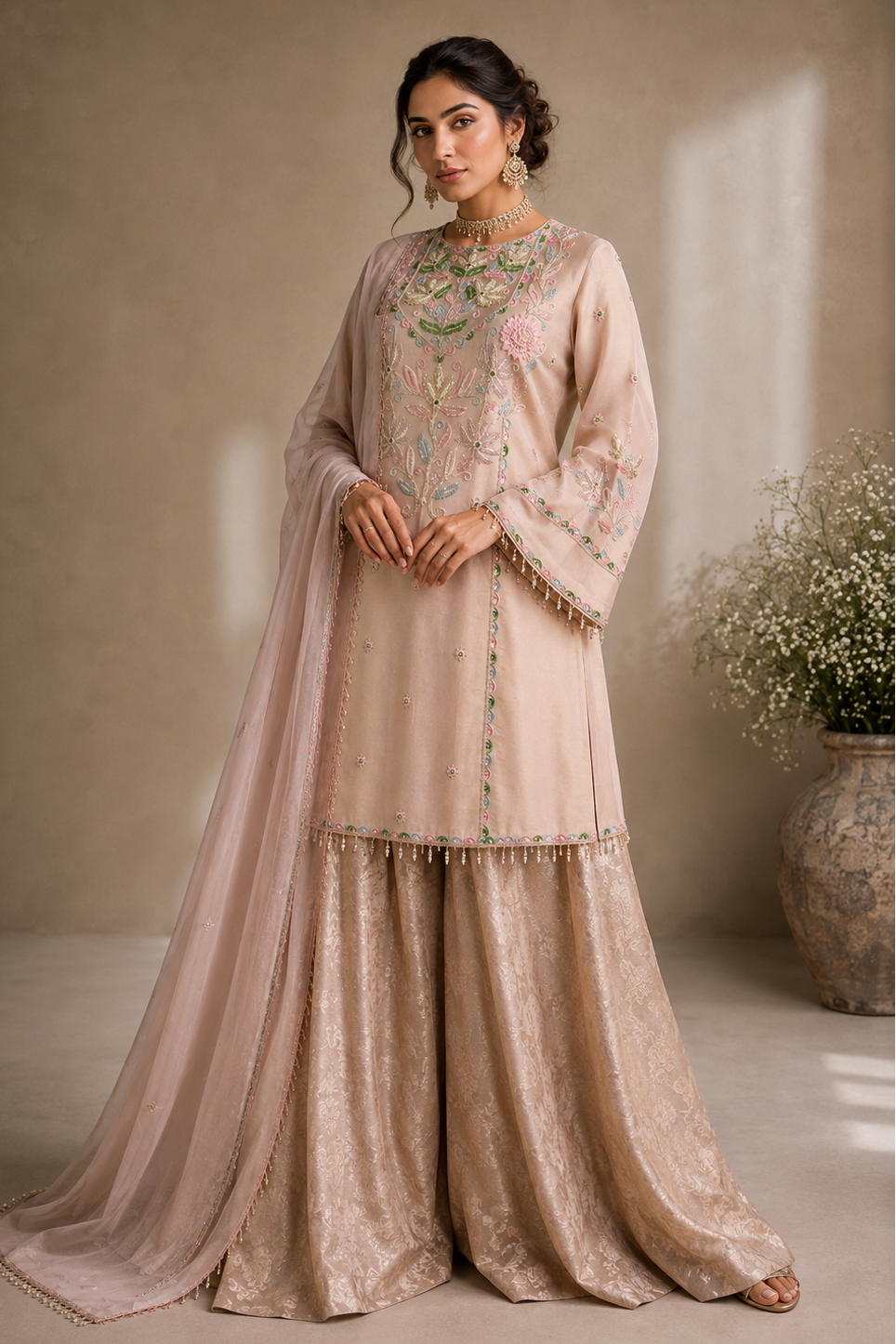 Tissue Brocade Sharara Suit - NUDE