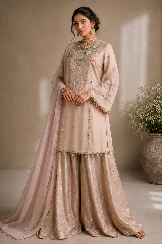 Tissue Brocade Sharara Suit - NUDE