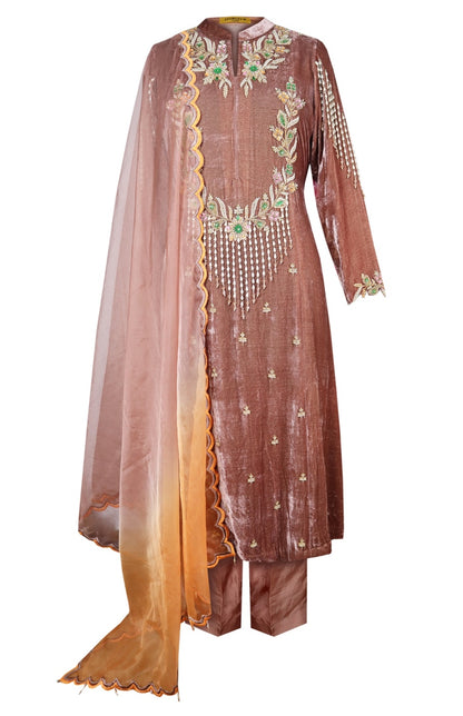 Pearl Cascade Silk Velvet Suit - MOCHA