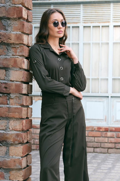 Twill Co-ord Set With Balloon Pants - OLIVE