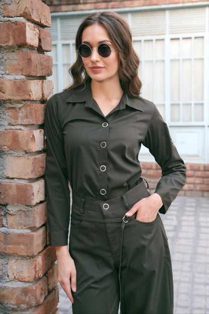 Twill Co-ord Set With Balloon Pants - OLIVE