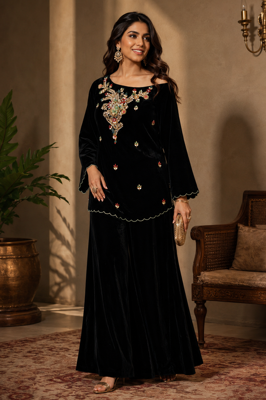 Off Shoulder Velvet Top With Sharara - BLACK