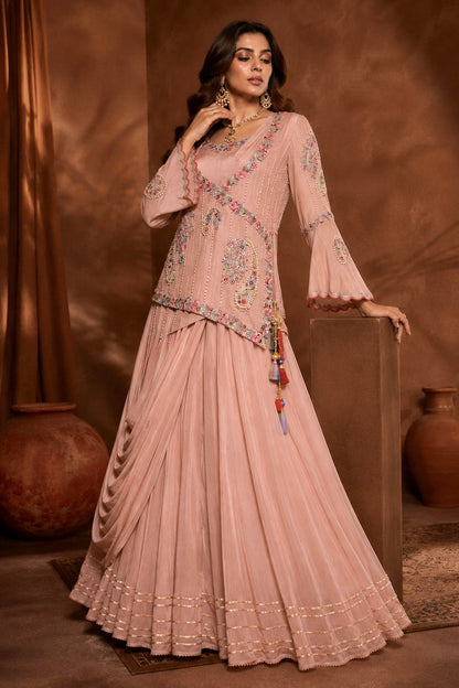 Chiffon Gown With Asymmetric Jacket - RUST