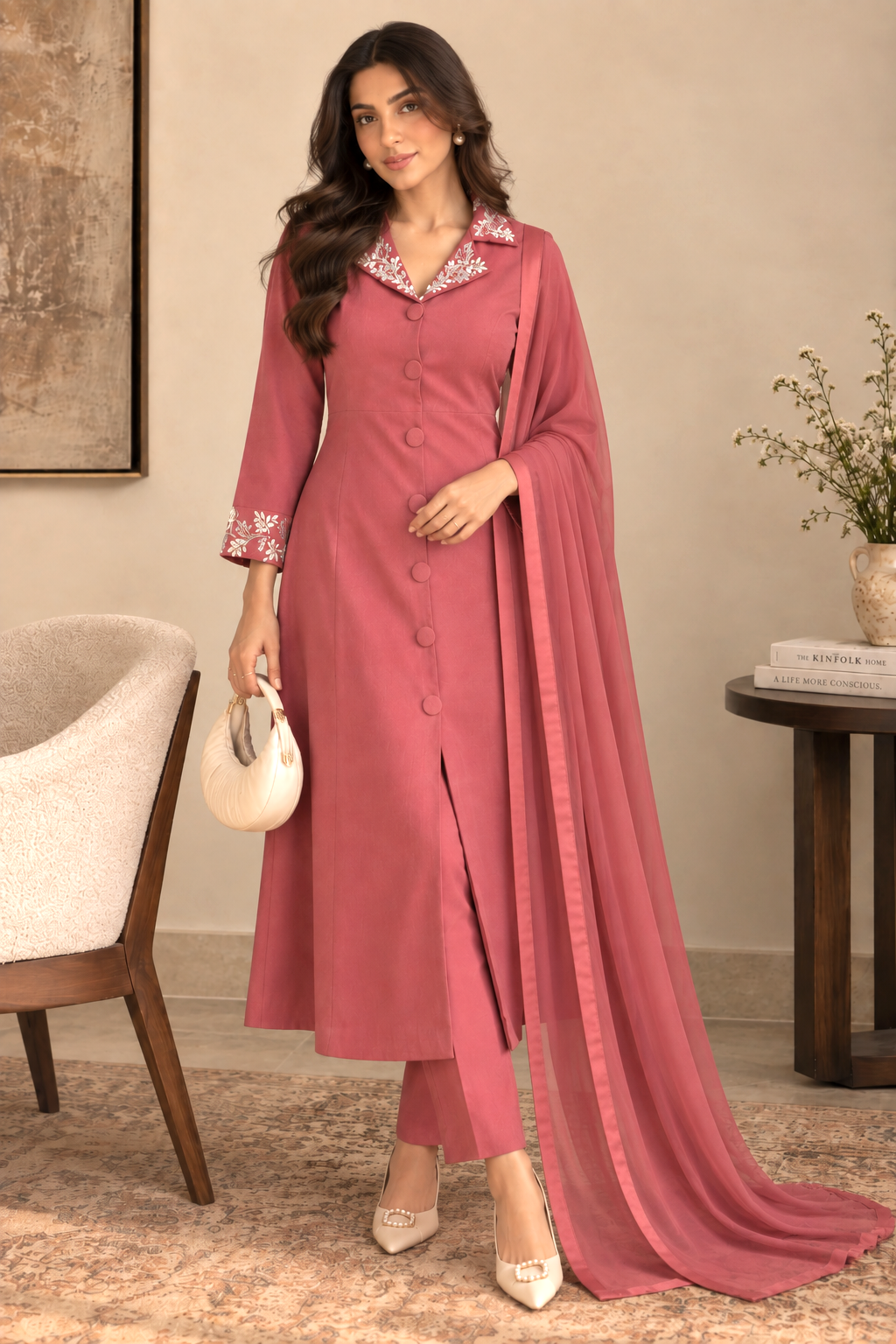 Grape Vine Embroidery Kurta Set With Collar