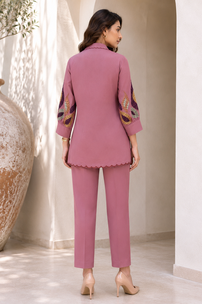 Kantha Embroidery U-Cut Co-ord Set - OLD ROSE