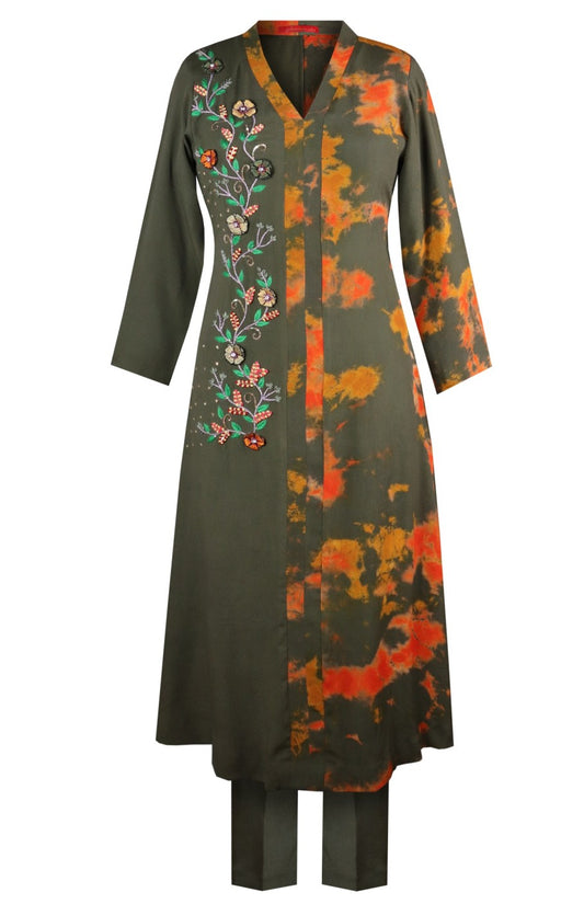 3D Embroidery T&D Kurta Set - OLIVE
