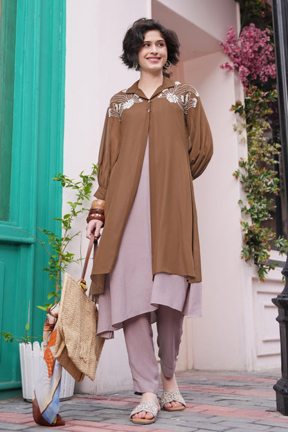 Bloom Asymmetric Double Layer Kurta Set - OLIVE