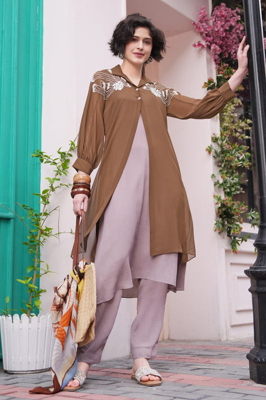 Bloom Asymmetric Double Layer Kurta Set - OLIVE