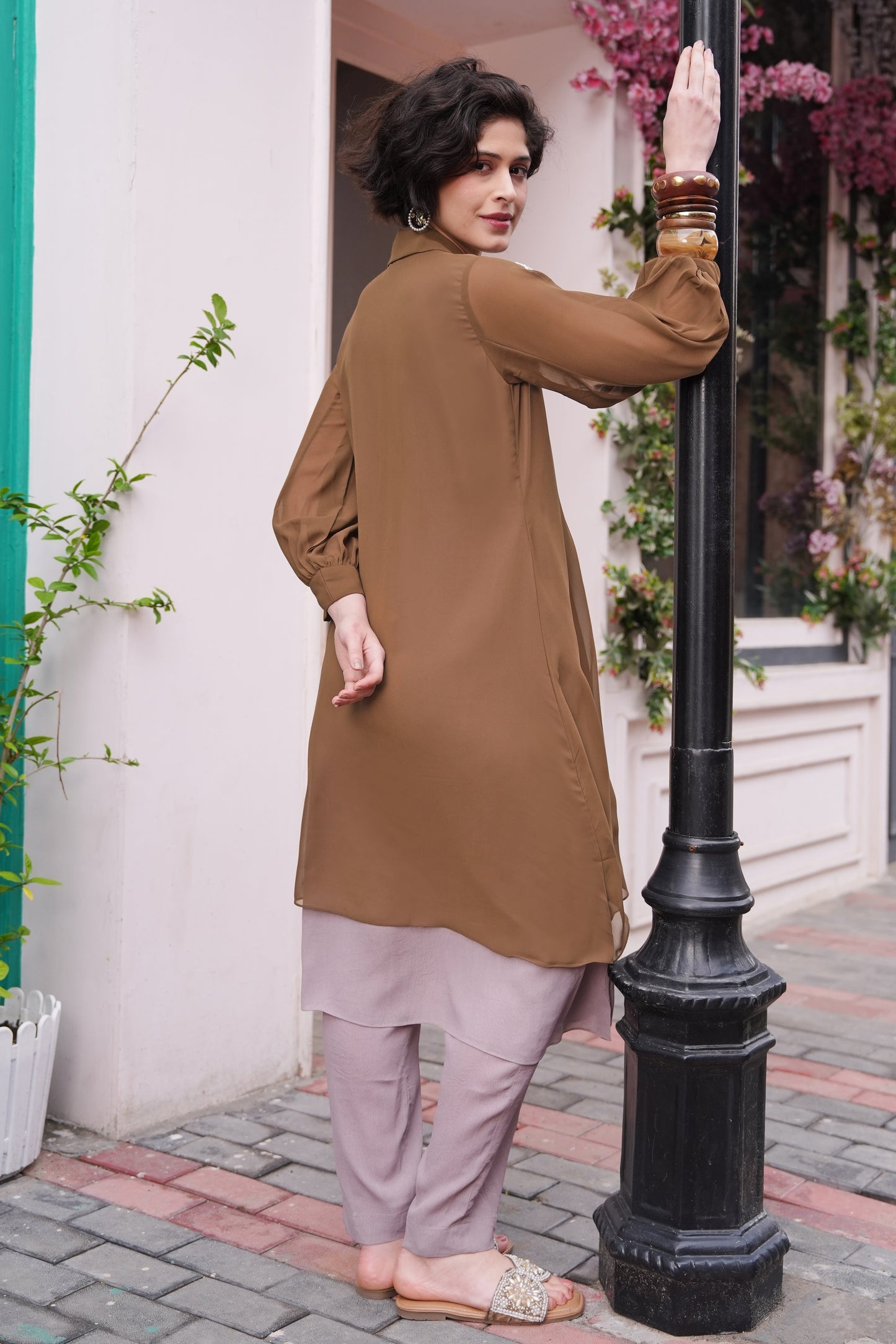 Bloom Asymmetric Double Layer Kurta Set - OLIVE