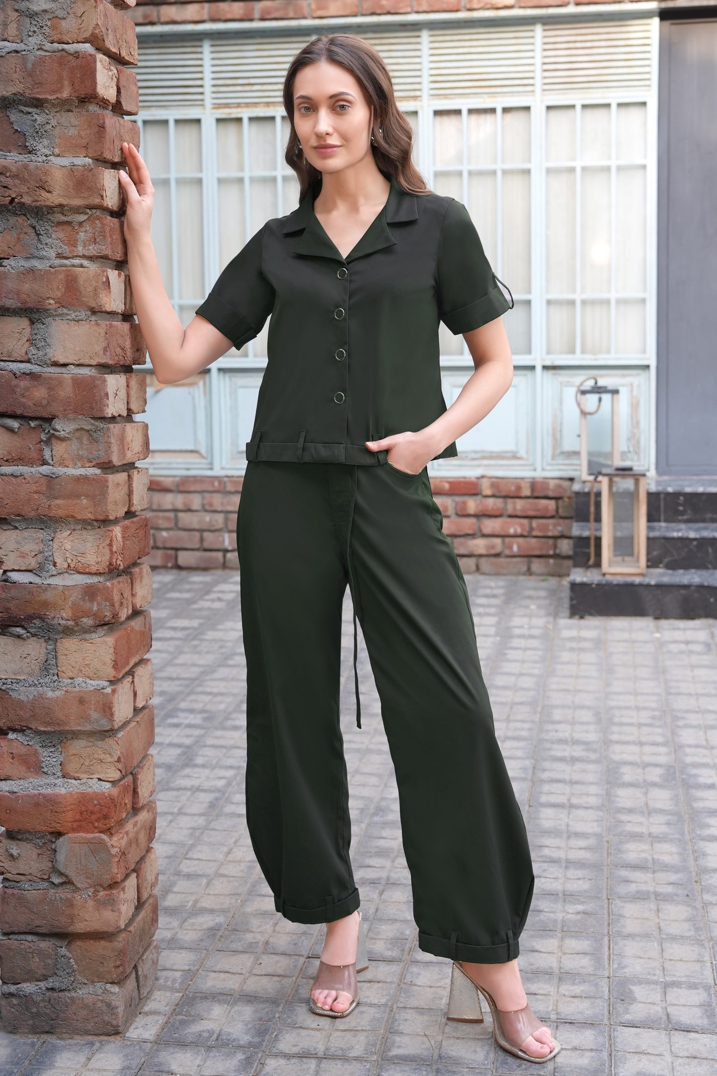 Cropped Shirt With Balloon Pants - OLIVE