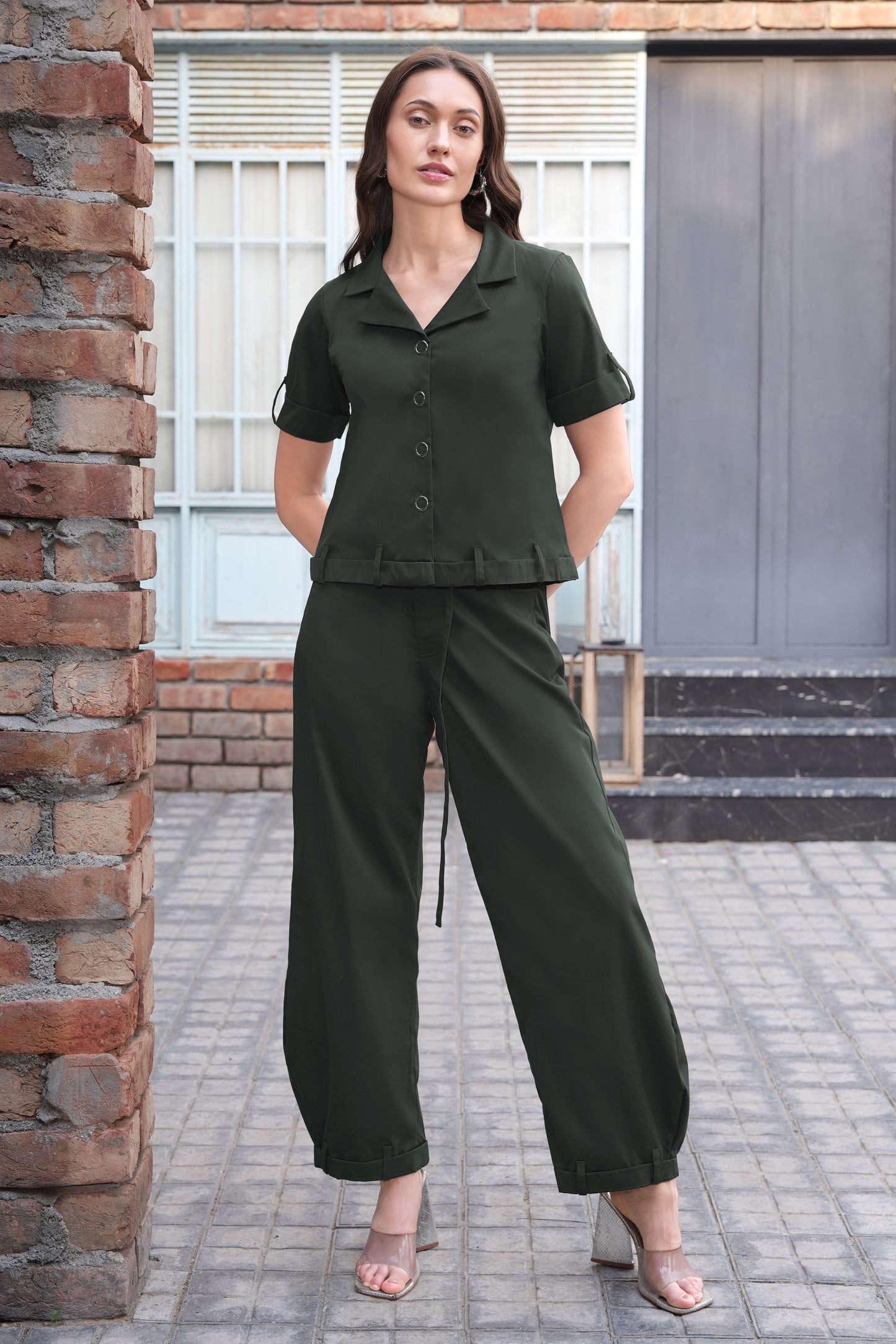 Cropped Shirt With Balloon Pants - OLIVE