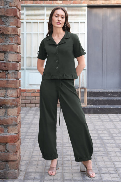 Cropped Shirt With Balloon Pants - OLIVE