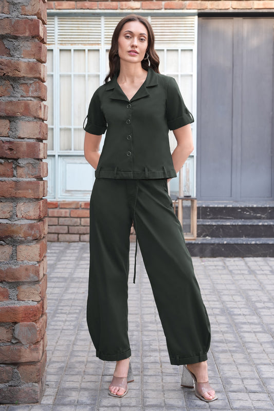 Cropped Shirt With Balloon Pants - OLIVE