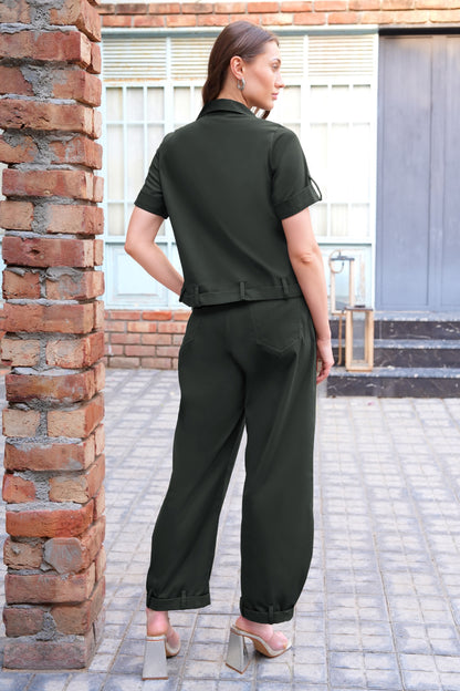 Cropped Shirt With Balloon Pants - OLIVE