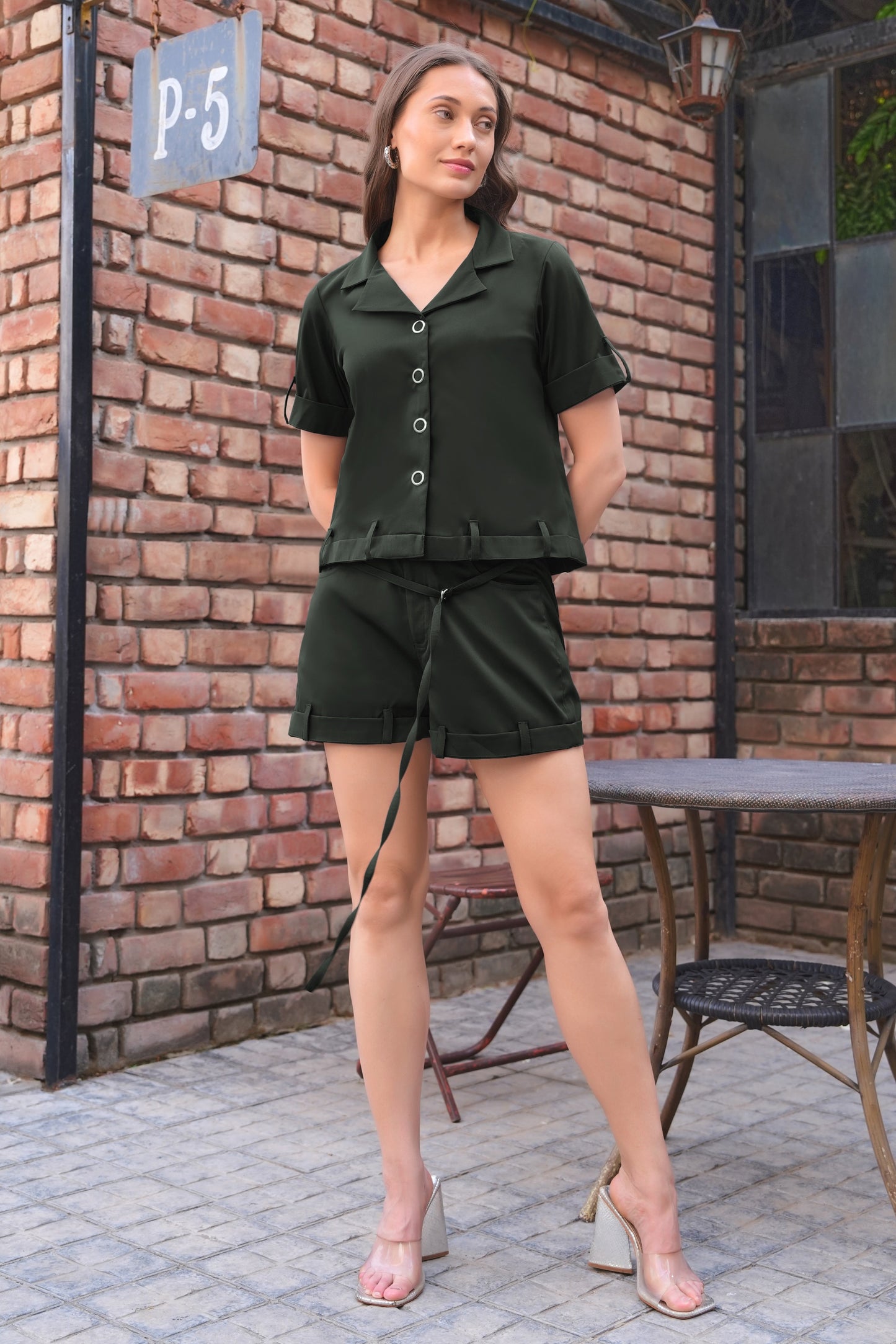 Cropped Shirt With Shorts - OLIVE