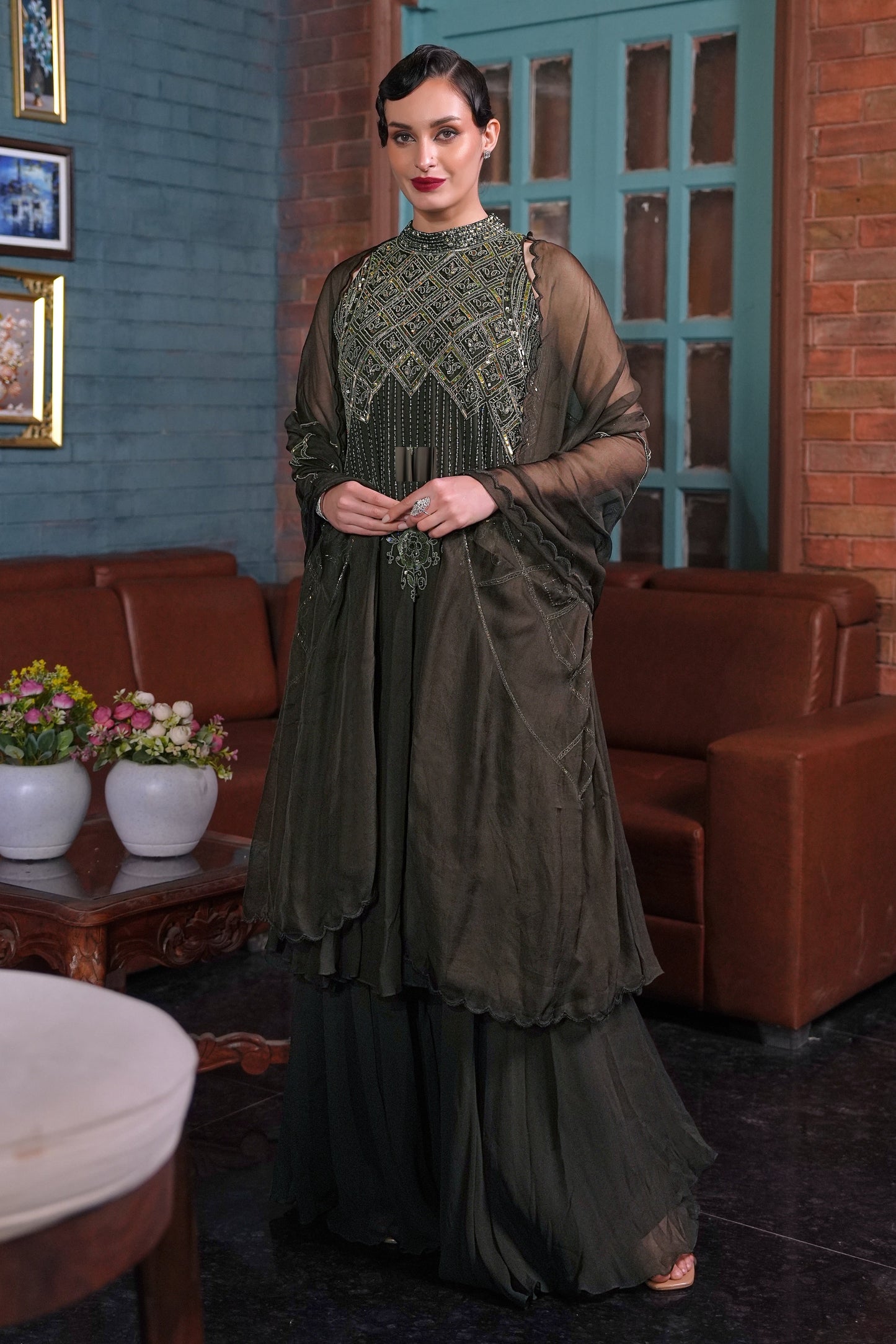 Halter Anarkali - OLIVE