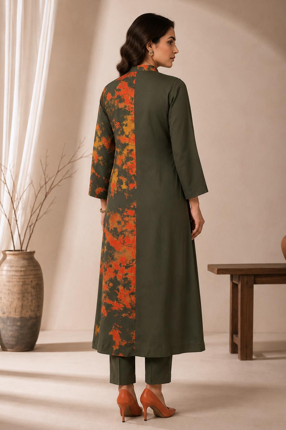 3D Embroidery T&D Kurta Set - OLIVE