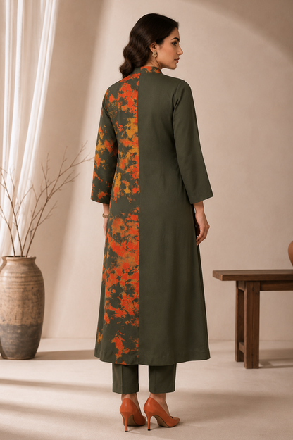 3D Embroidery T&D Kurta Set - OLIVE