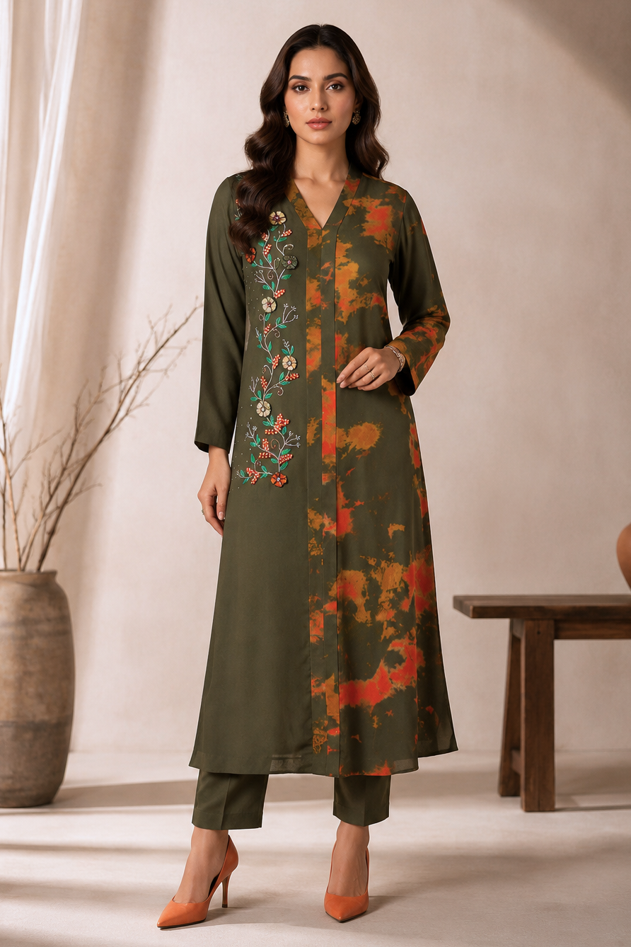 3D Embroidery T&D Kurta Set - PINK