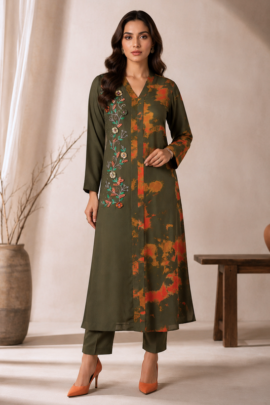 3D Embroidery T&D Kurta Set - OLIVE