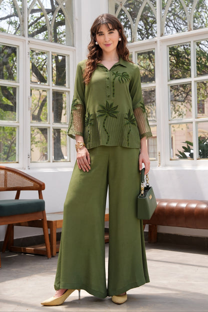 Aari Palms Flared Pants Co-ord Set - OLIVE