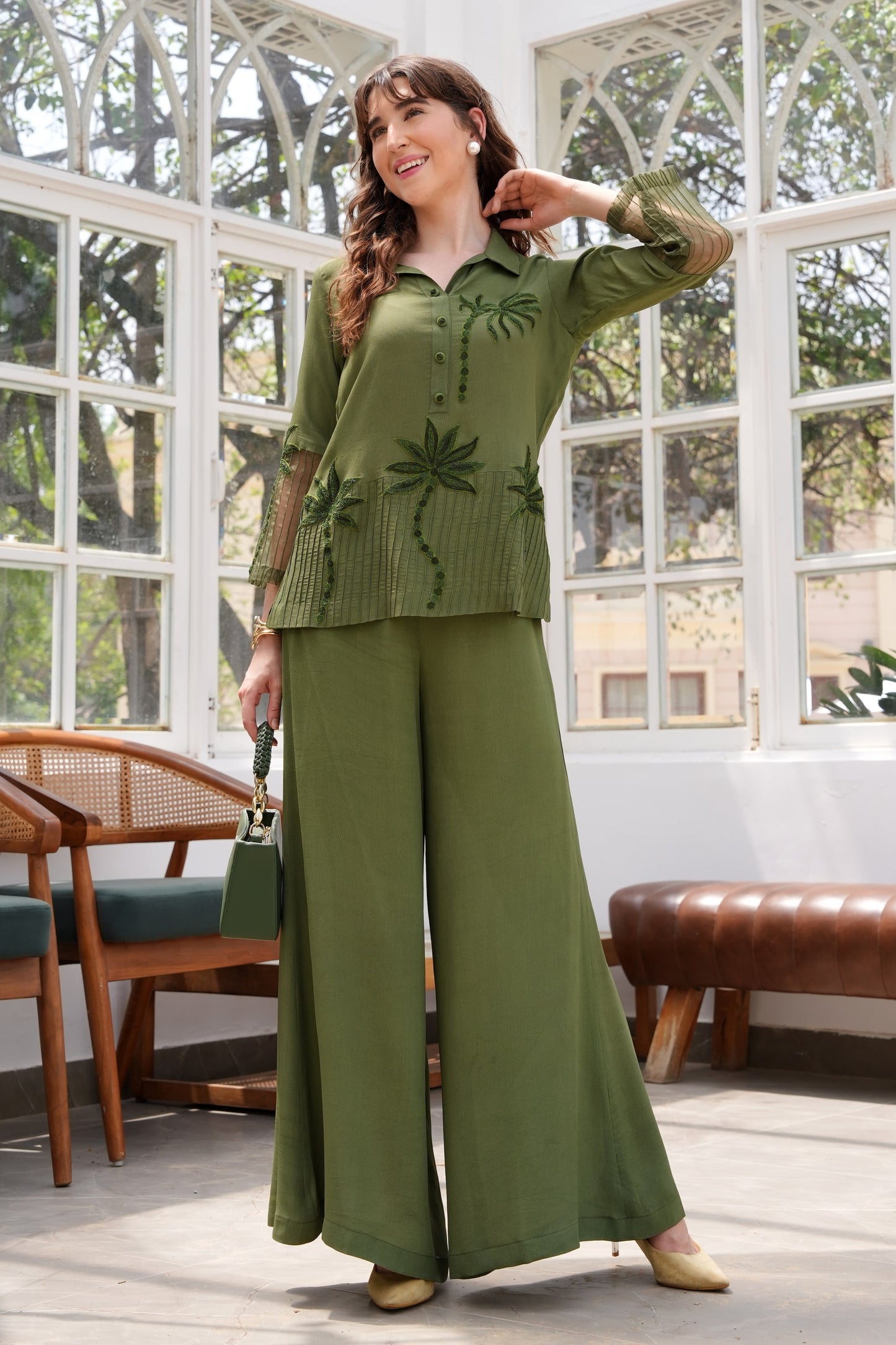 Aari Palms Flared Pants Co-ord Set - OLIVE