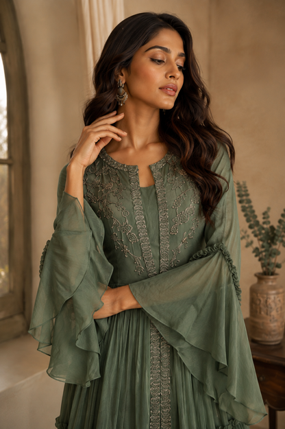 Chiffon Tiered Maxi Dress With TonT Embroidery - OLIVE