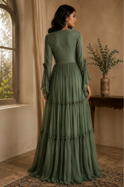 Chiffon Tiered Maxi Dress With TonT Embroidery - OLIVE