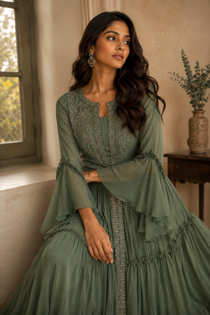 Chiffon Tiered Maxi Dress With TonT Embroidery - OLIVE