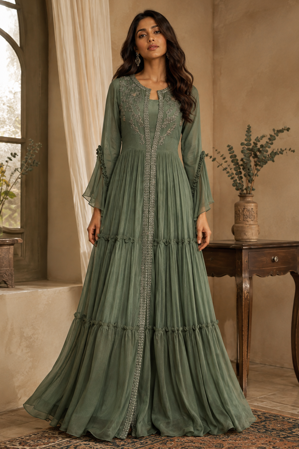 Chiffon Tiered Maxi Dress With TonT Embroidery - OLIVE