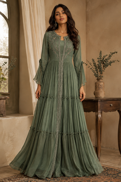 Chiffon Tiered Maxi Dress With TonT Embroidery - OLIVE