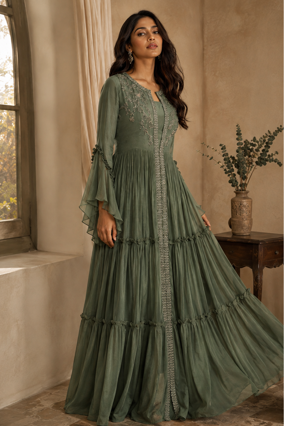 Chiffon Tiered Maxi Dress With TonT Embroidery - OLIVE
