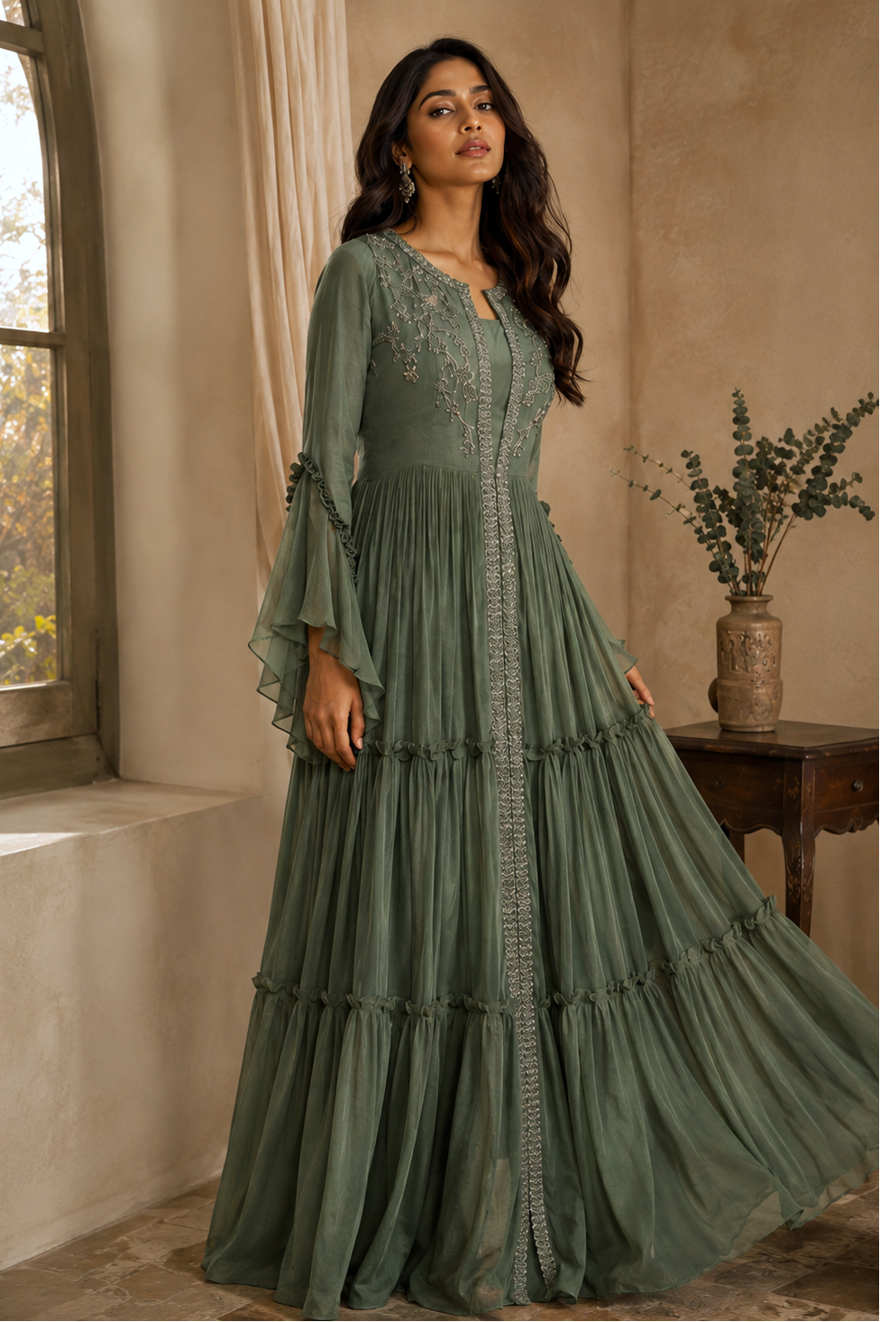 Chiffon Tiered Maxi Dress With TonT Embroidery - OLIVE