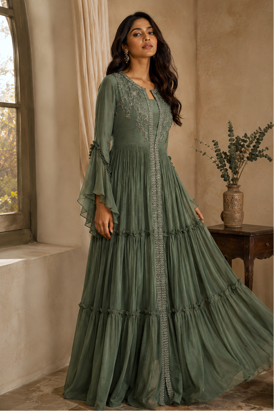 Chiffon Tiered Maxi Dress With TonT Embroidery - OLIVE