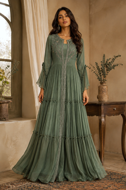 Chiffon Tiered Maxi Dress With TonT Embroidery - OLIVE