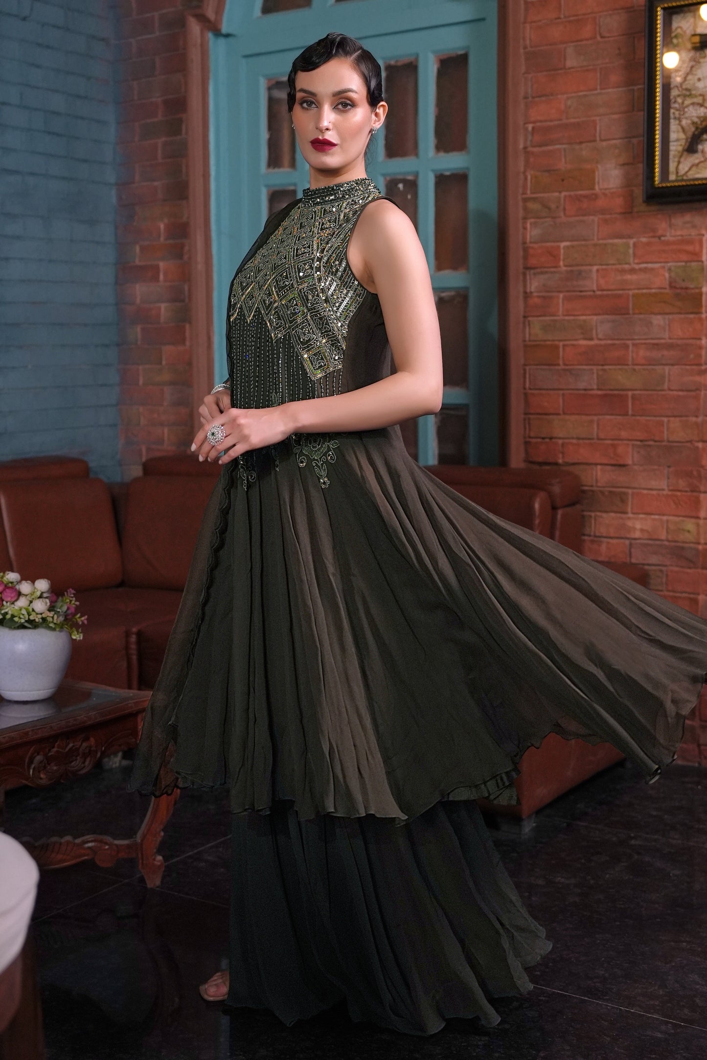 Halter Anarkali - OLIVE