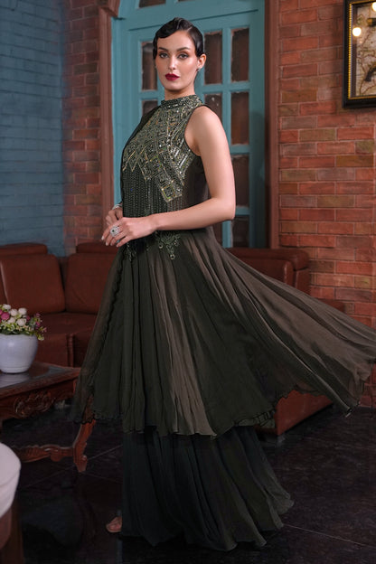 Halter Anarkali - OLIVE