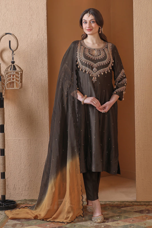 Kora Silk Kalidar Suit With Nakshi Embroidery - DARK OLIVE