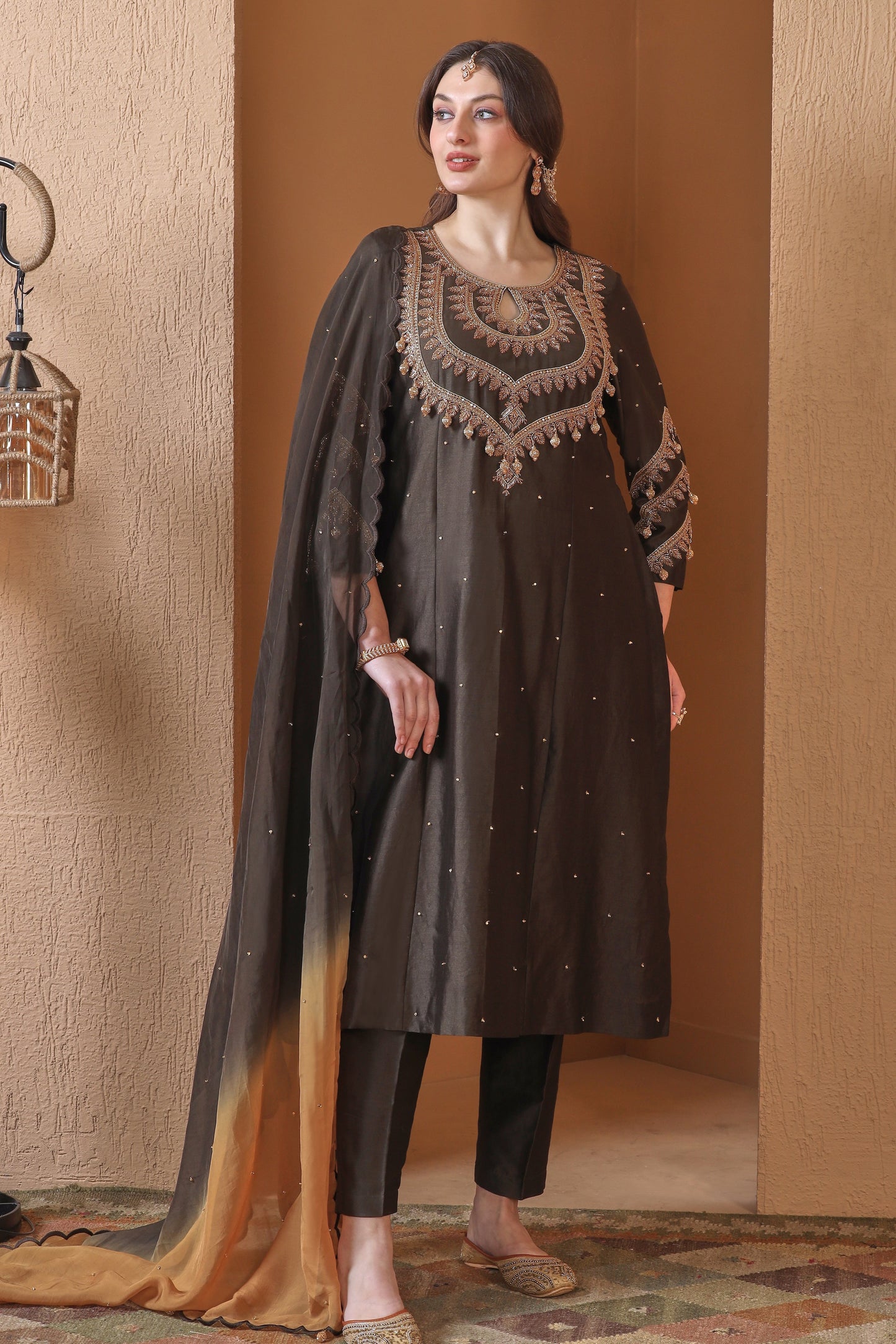 Kora Silk Kalidar Suit With Nakshi Embroidery - DARK OLIVE