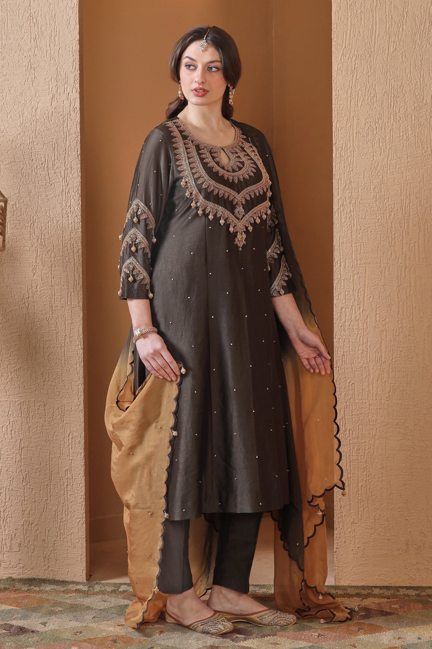 Kora Silk Kalidar Suit With Nakshi Embroidery - DARK OLIVE