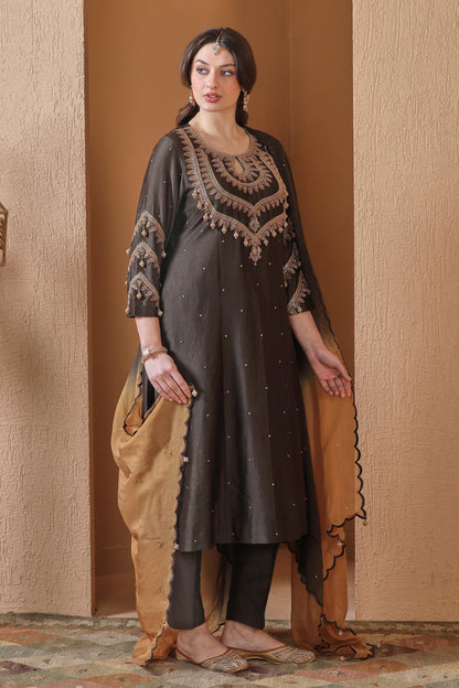Kora Silk Kalidar Suit With Nakshi Embroidery - DARK OLIVE