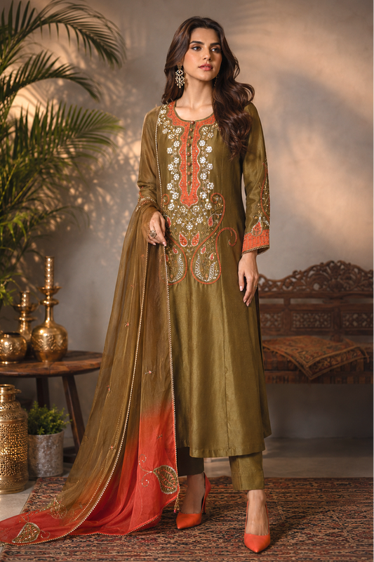 Paisley Applique Embroidery Kalidar Suit - OLIVE
