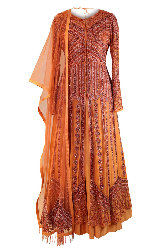 Tone On Tone Embroidery Achkan With Lehnga - ORANGE