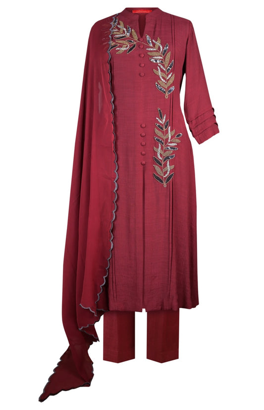 Palm Leaves A-Line Suit - MAROON