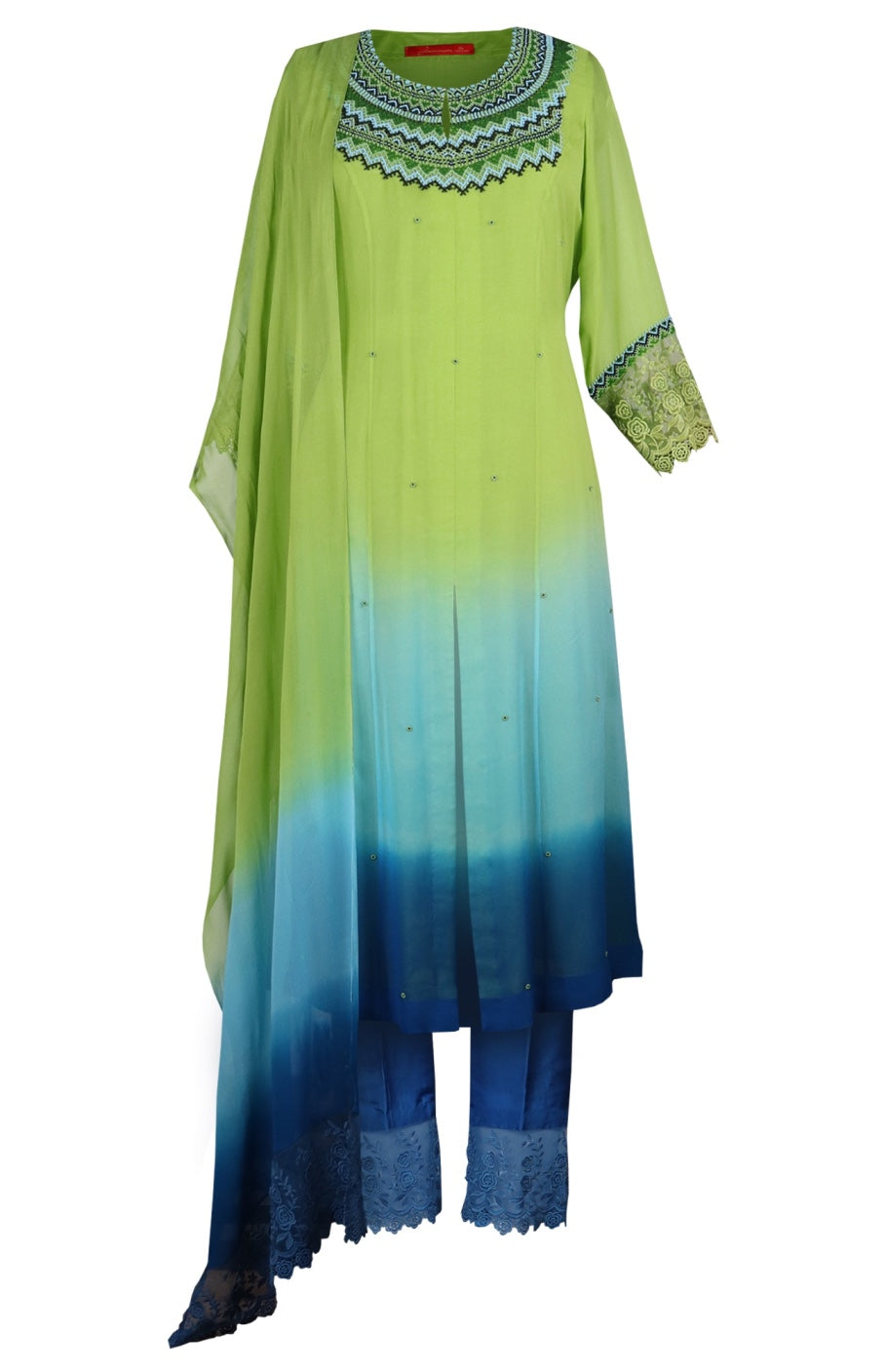 Parrot Green Ombré Georgette Beaded Suit