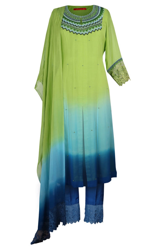 Parrot Green Ombré Georgette Beaded Suit
