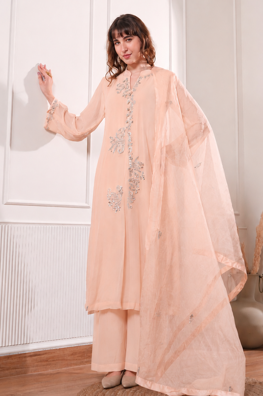 Georgette Kalidar Suit With Mukaish Embroidery - PEACH