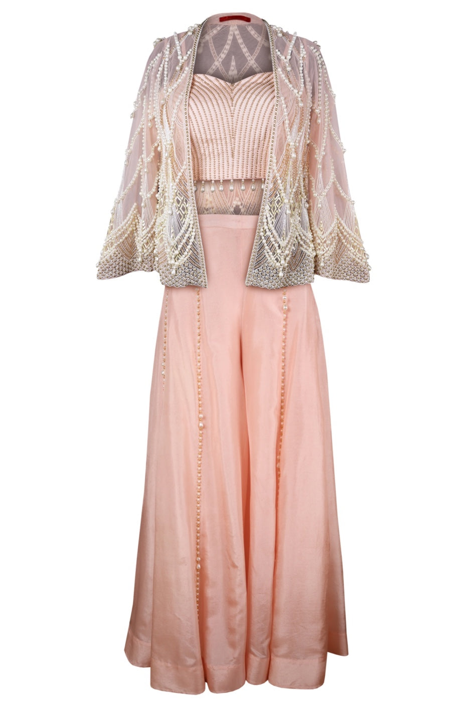 Pearl Embroidery 3 Piece Set With Sharara - PEACH