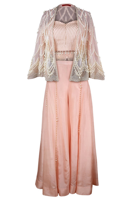 Pearl Embroidery 3 Piece Set With Sharara - PEACH