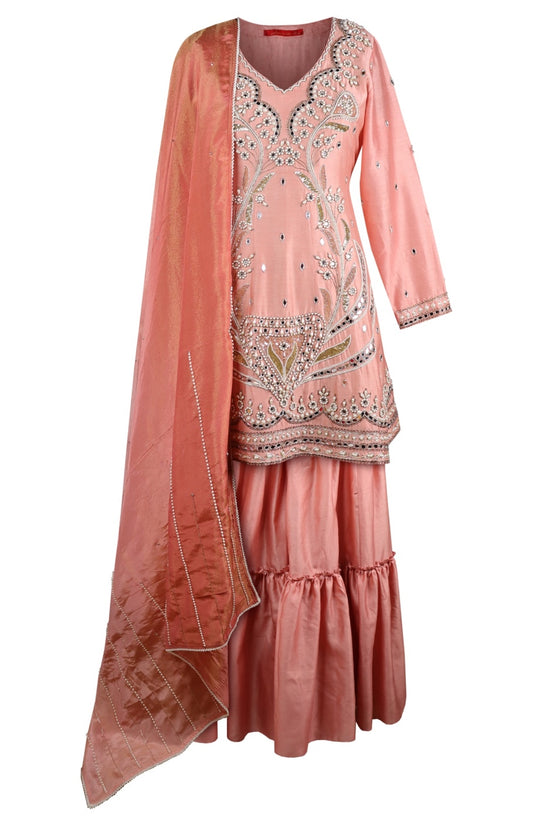 Pearl & Mirror Work Sharara Suit - OLD ROSE